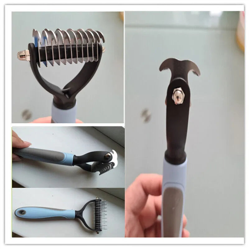 Double-sided pet grooming brush with 9 and 17 teeth, large 172mm undercoat rake in blue or pink