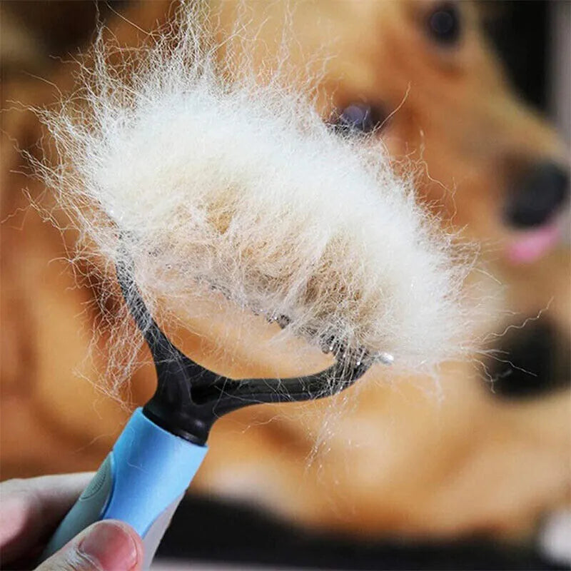 Double-sided pet grooming brush with 9 and 17 teeth, large 172mm undercoat rake in blue or pink