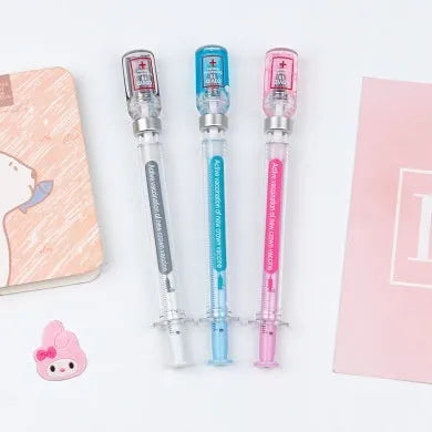 Vaccine design gel pen with black ink and 0.5mm tip in plastic construction