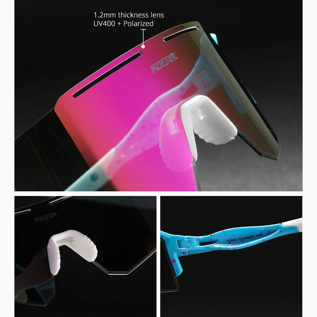 Polarised frameless sports sunglasses with a TR90 frame, shown in a colour option for cycling and athletic use.