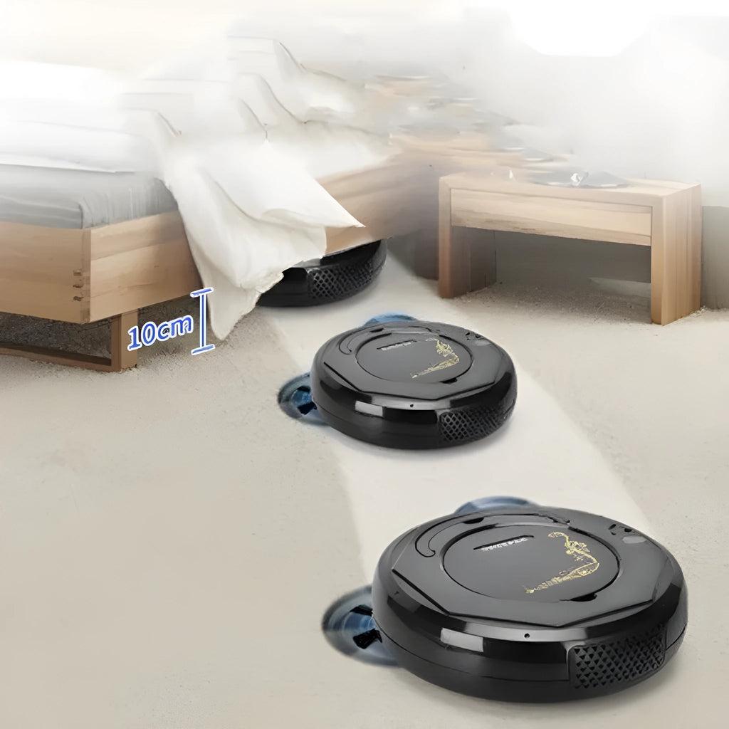 Blue round robot vacuum cleaner on a wooden floor next to its charging cable.