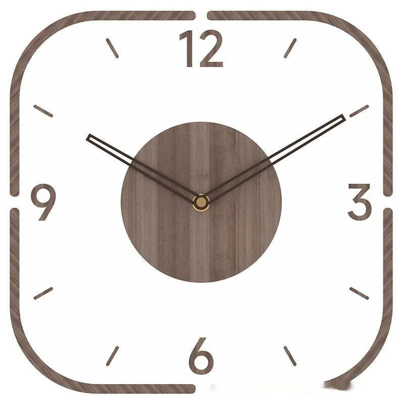 Square transparent wall clock with wooden frame showing visible quartz movement mechanism