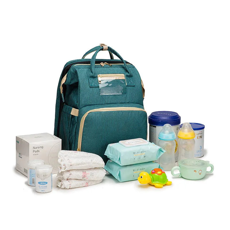 Foldable baby bed backpack with mattress, 30x73x24cm bed, USB option, cationic fabric, black or colour