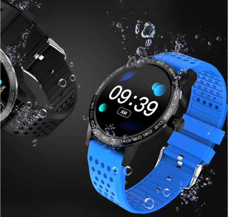 Black and blue smart bracelet with 1.3-inch colour screen showing heart rate monitoring interface