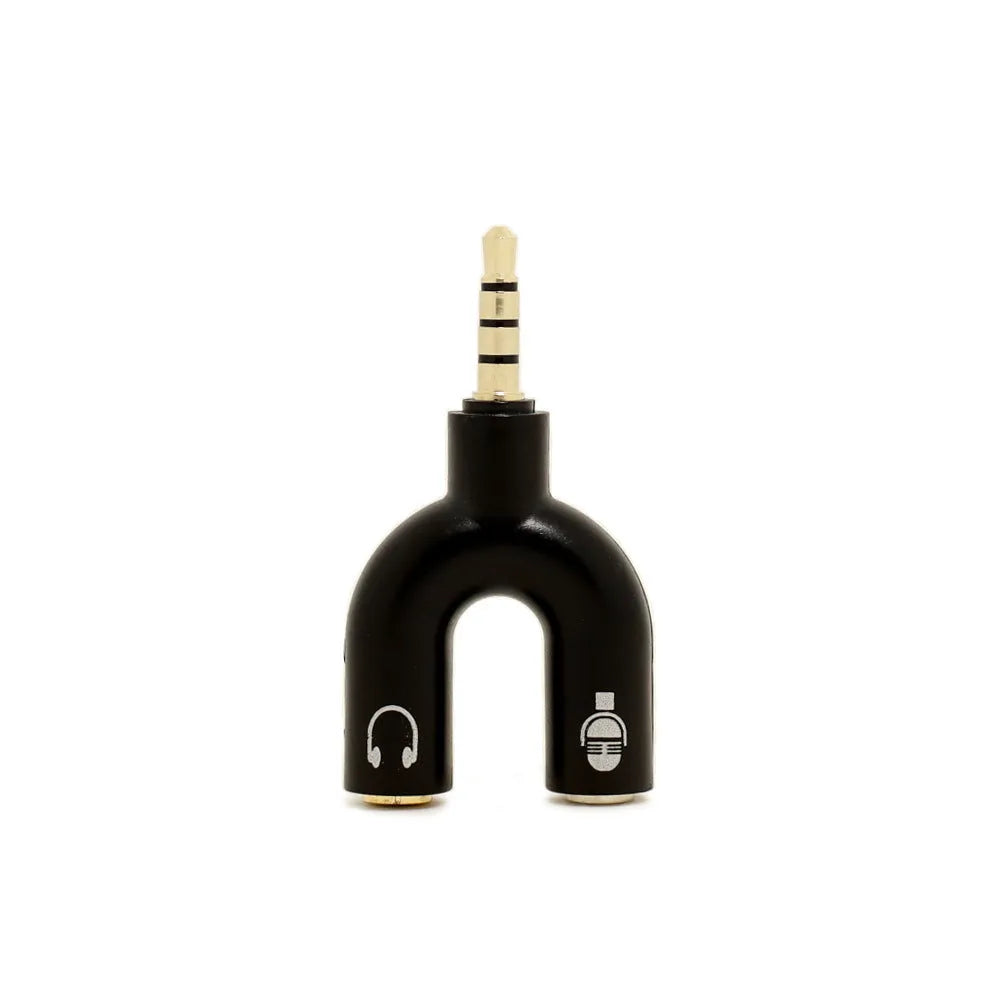 3.5mm audio splitter adapter with gold connectors in six colour options