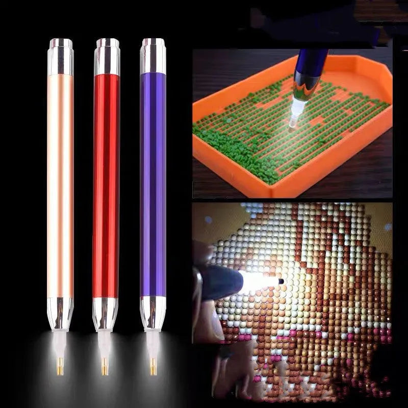 Luminous diamond painting drill pen with aluminium alloy body and metal frame in choice of colours