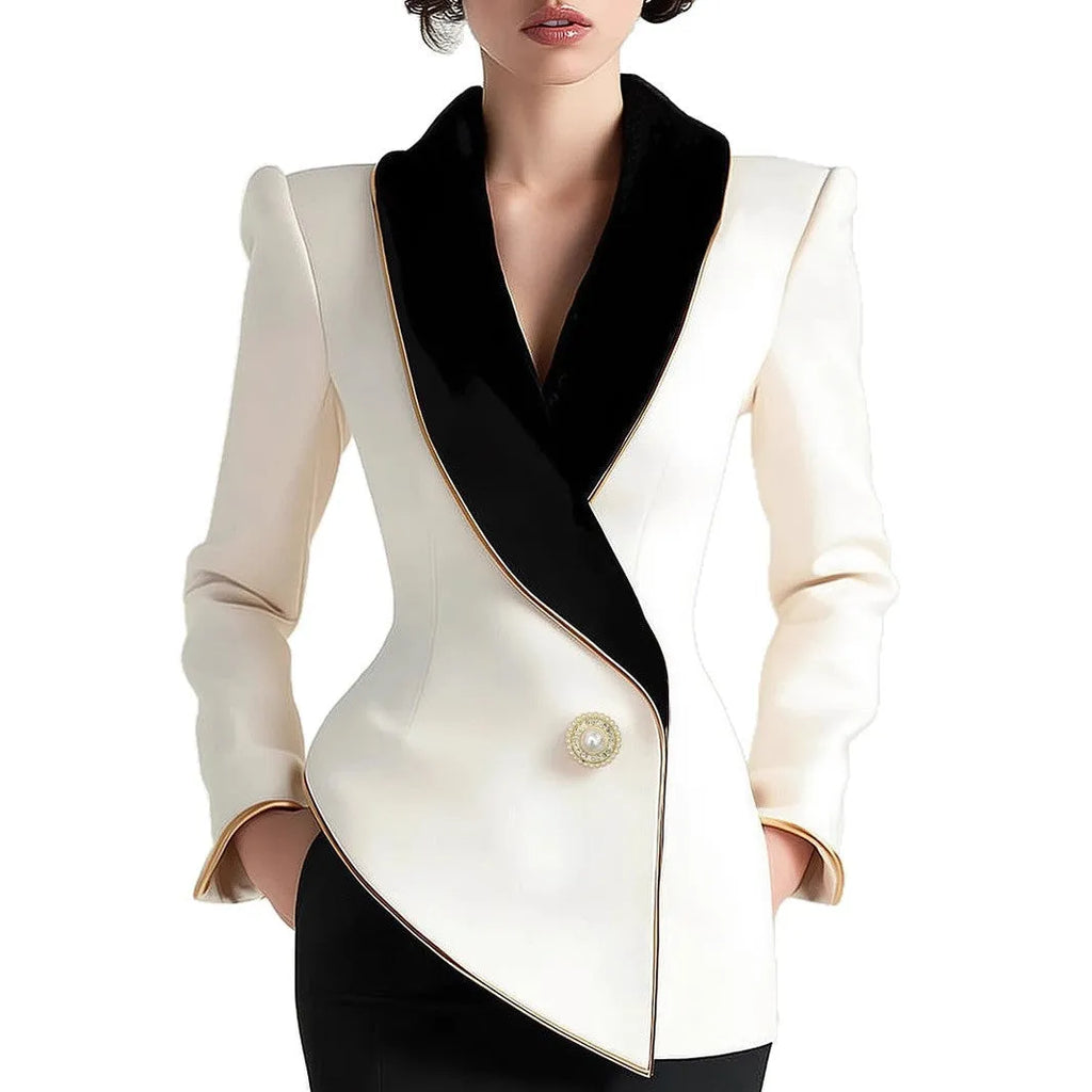 Women's beige irregular hem coat with golden pearl buttons, mid-length design