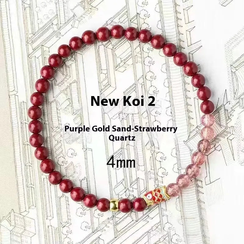 Women's bracelet with purple cinnabar and pink strawberry quartz beads, koi design, on wrist.