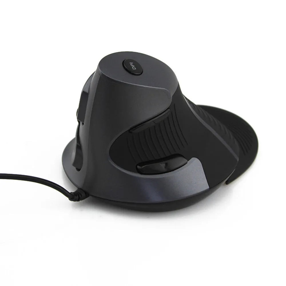 Black and white ergonomic vertical wired optical mouse for desktop computers, shown in a natural handshake grip.
