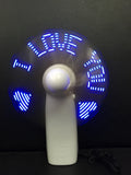 White handheld mini fan with LED love heart pattern display showing blue and red colours
