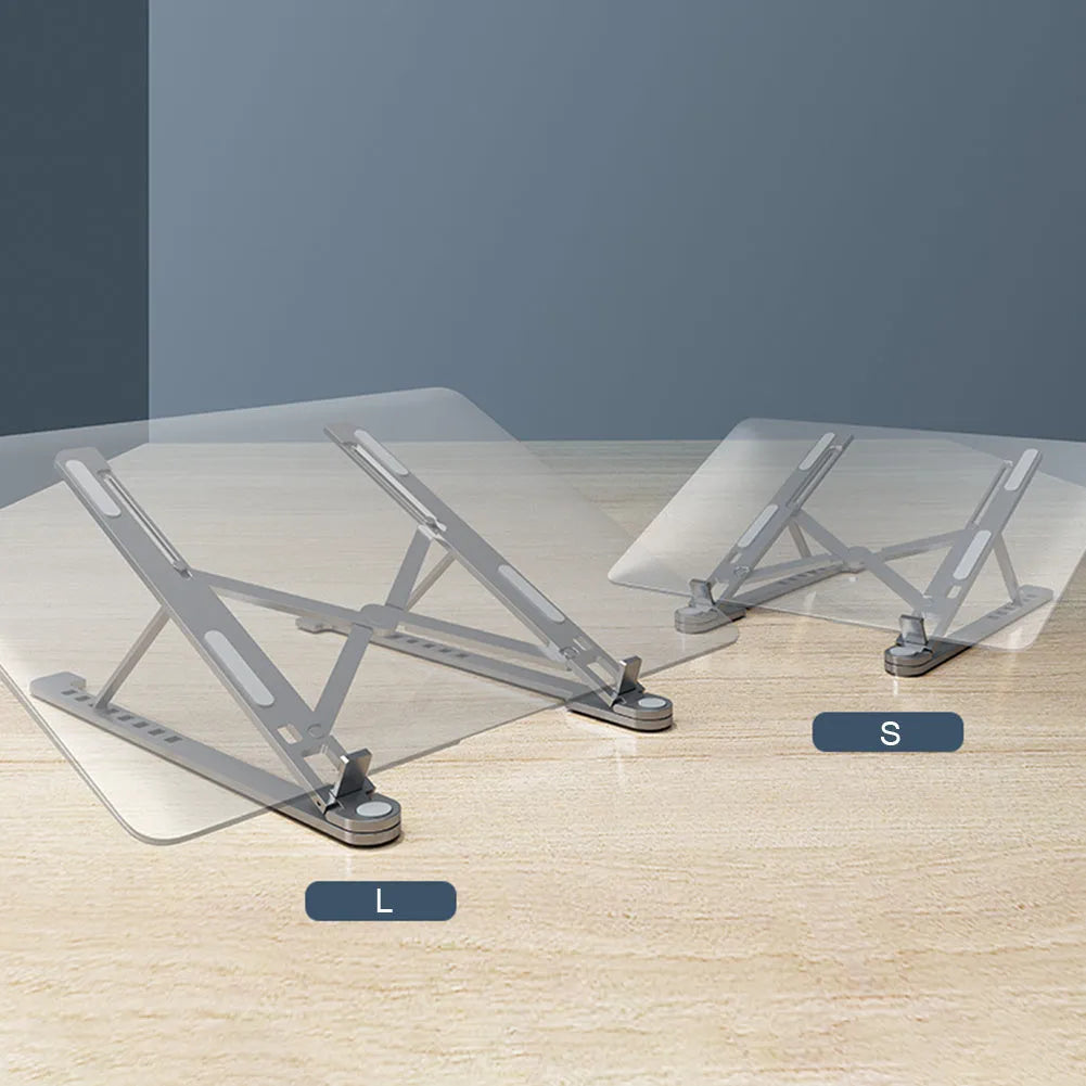 Portable aluminium laptop stand folded showing adjustable height mechanism