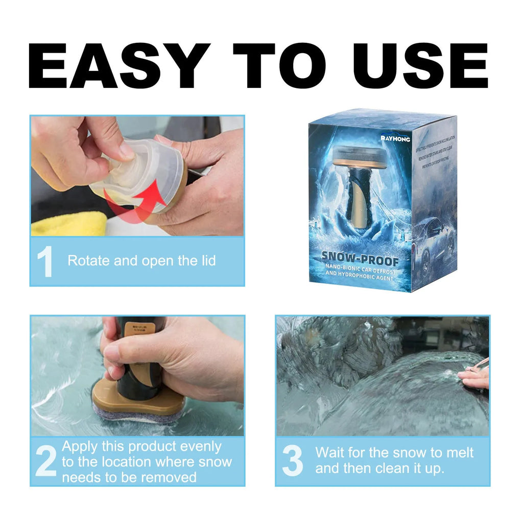 Blue and white car snow brush with built-in hydrophobic nano coating spray bottle for ice removal.