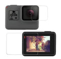 GoPro Hero camera with transparent tempered glass lens protector and LCD screen protector film applied.