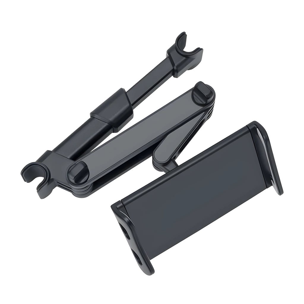 Black universal car phone holder mounted on a rear seat headrest, holding an iPad.