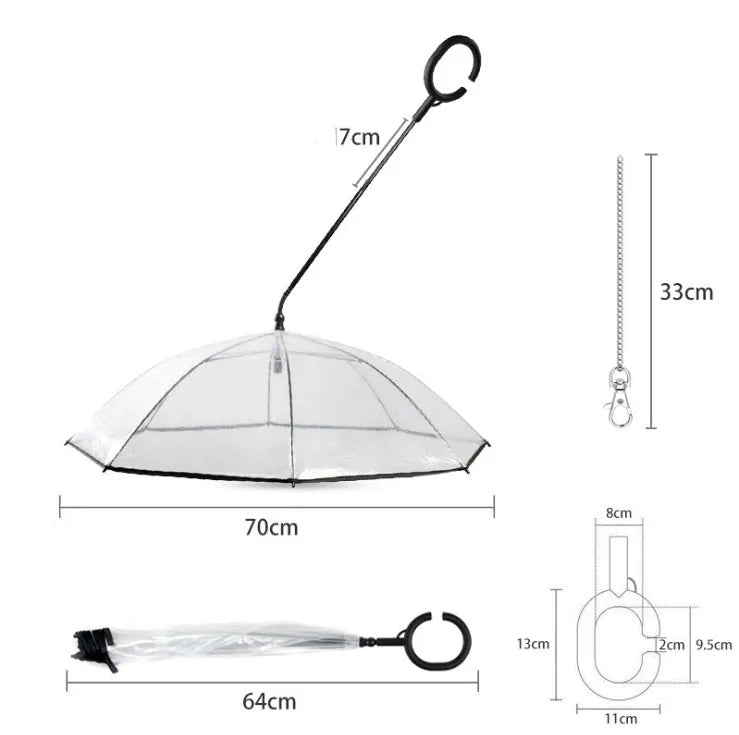 White transparent pet umbrella with C-shaped handle, 70cm PVC canopy, and adjustable retractable middle bar