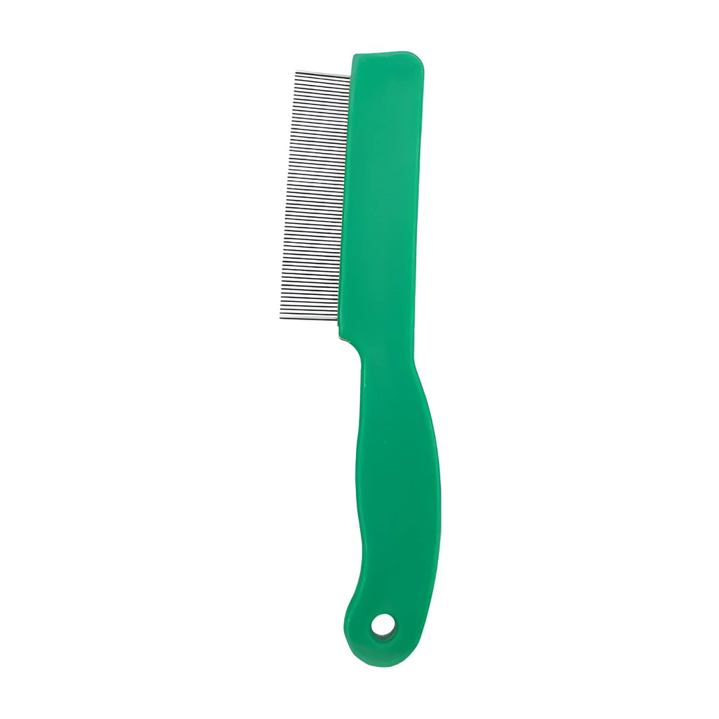 Green plastic handle pet flea comb with stainless steel pins for dog and cat grooming
