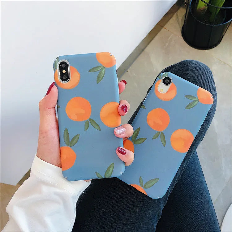 Orange retro plastic iPhone case with water and blue background design, shown as a back cover.