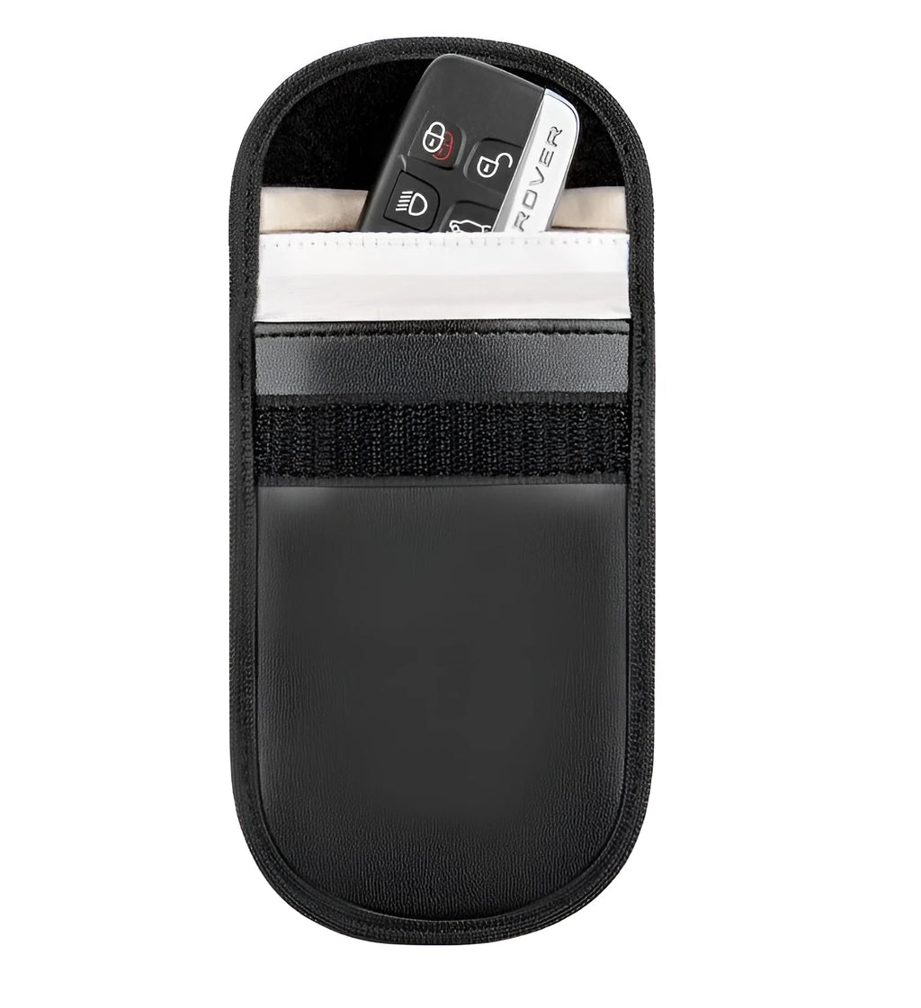 Black microfiber Faraday cage pouch for blocking car key and RFID signals.