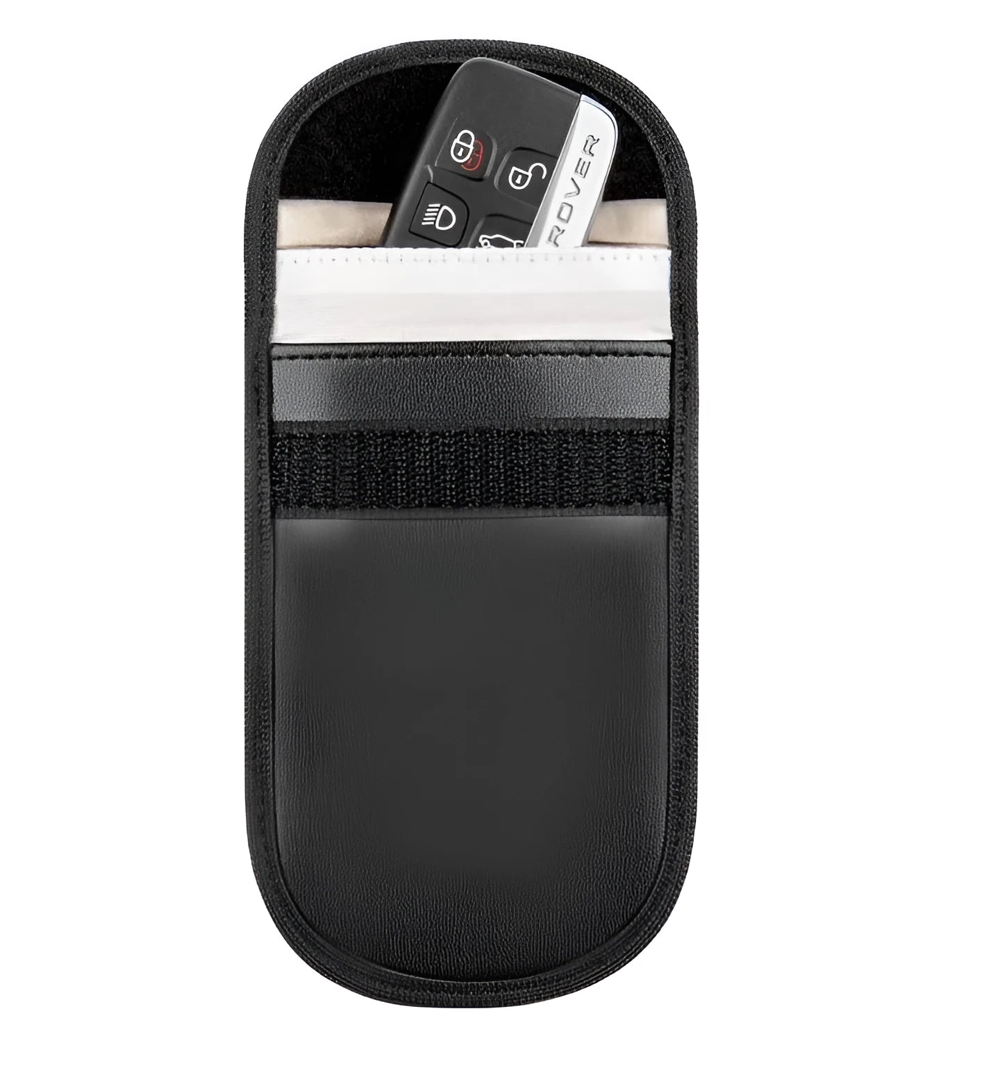 Black microfiber Faraday cage pouch for blocking car key and RFID signals.