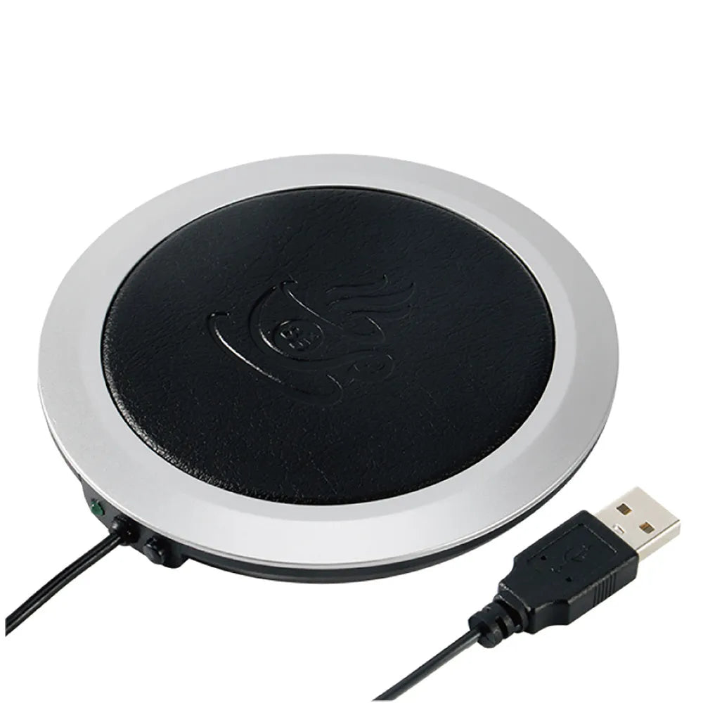 Black USB heating coaster for coffee mugs on office desk
