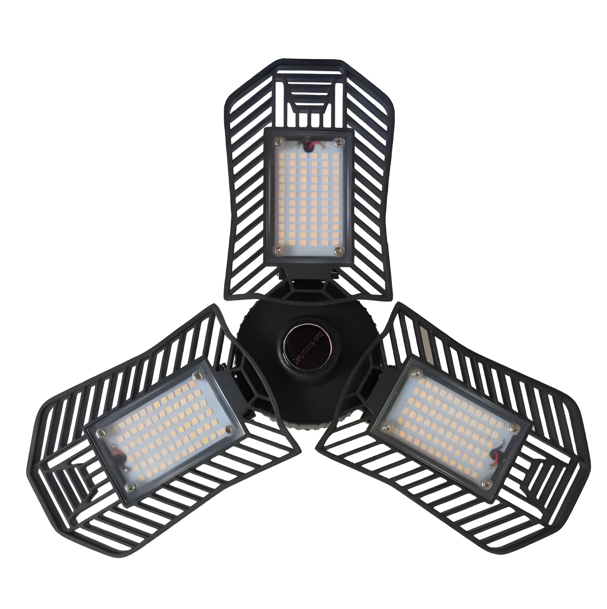A foldable silver die-cast aluminium industrial LED lamp with a wide beam, suitable for garage or workshop lighting.