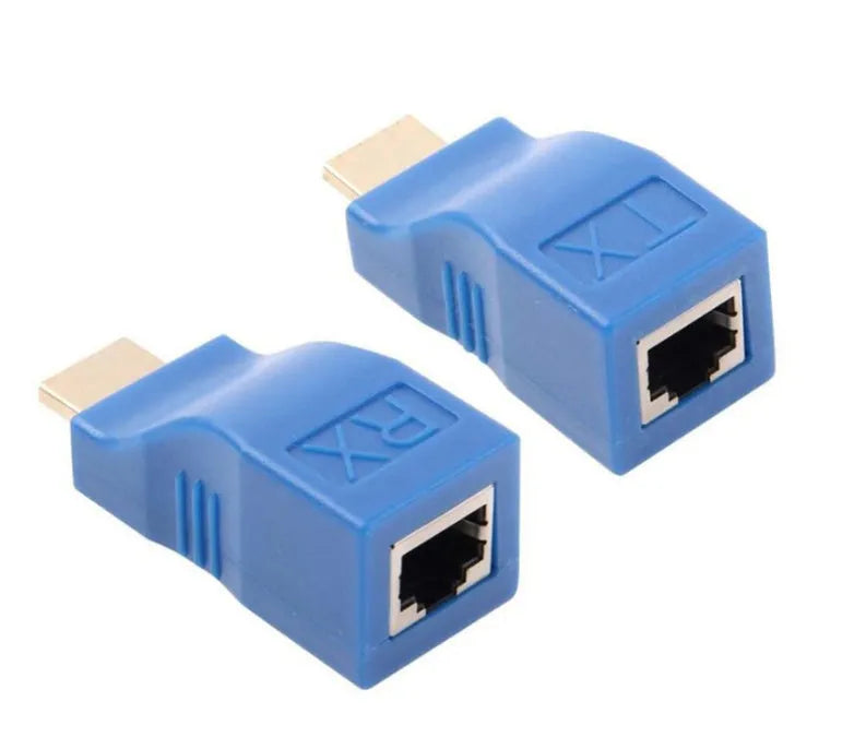 HDMI extender transmitter and receiver units for 1080P signal over Cat-5e cable up to 30 metres.