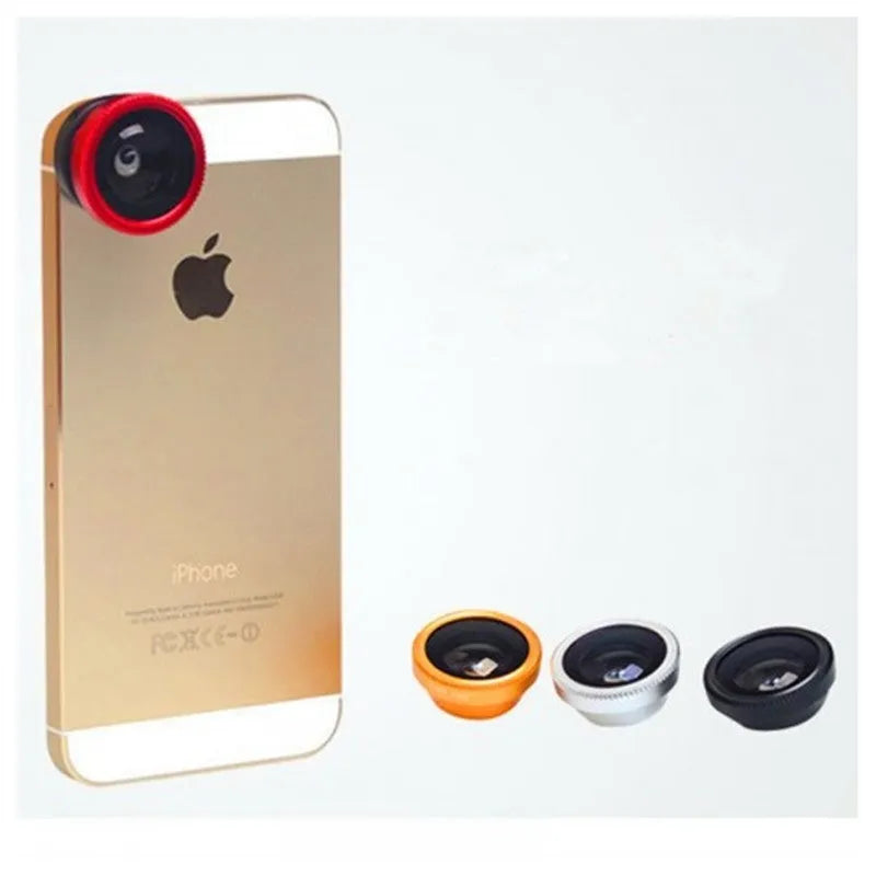 Black 3-in-1 smartphone lens kit showing fisheye, wide angle and macro lenses with universal clip