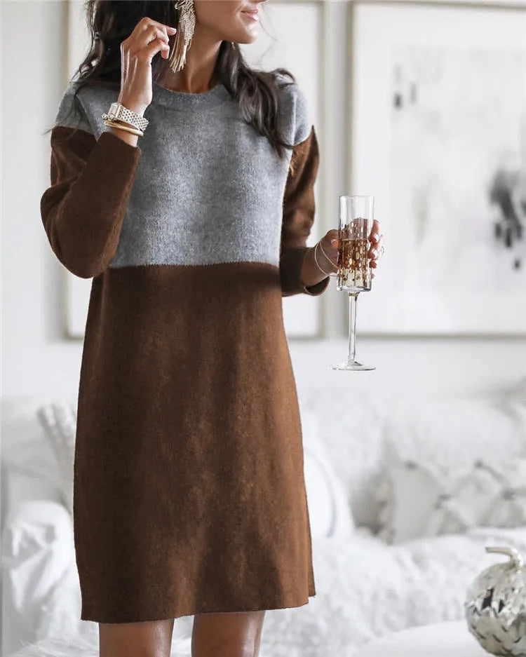 Brown women's long sleeve patchwork dress with round neck and loose princess skirt.