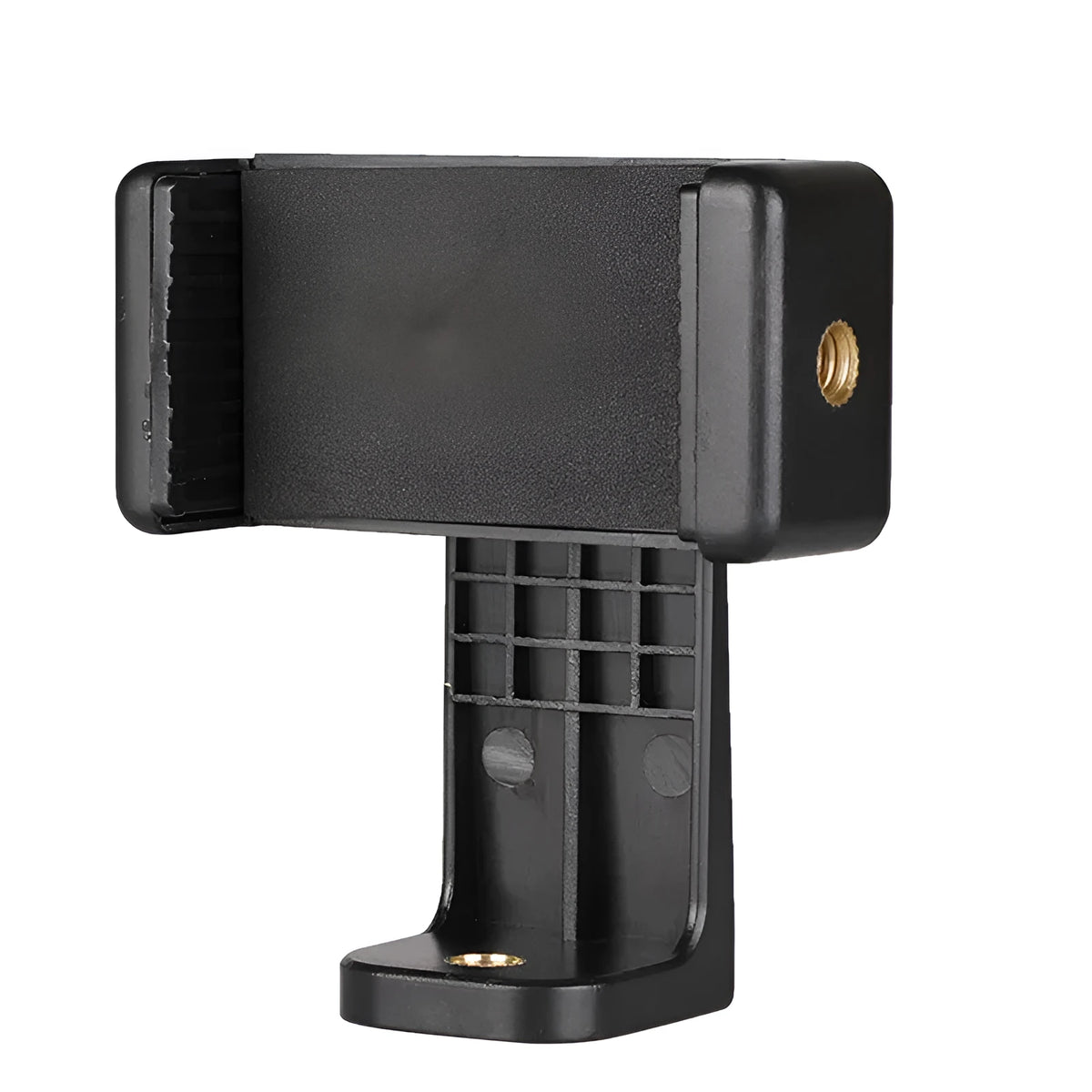 Black plastic rotating clamp phone holder with integrated note folder on a desk edge.