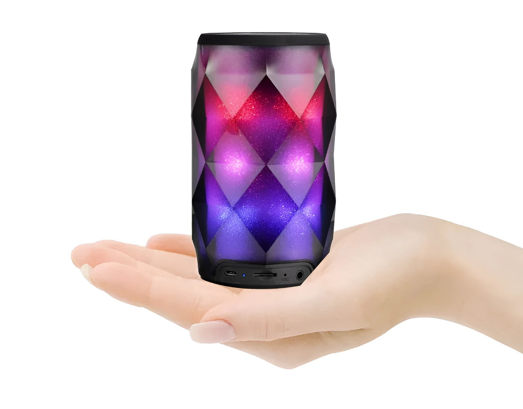 Black crystal diamond-cut Coke can shaped Bluetooth speaker with colourful LED starry sky lighting effect.