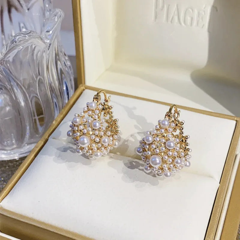 Women's gold colour copper flower basket earrings with small rice-shaped bead inlay floral pattern