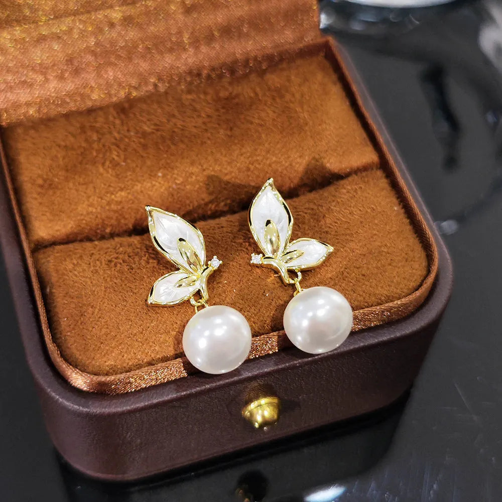 Zircon butterfly earrings with oil painting designs on electroplated copper