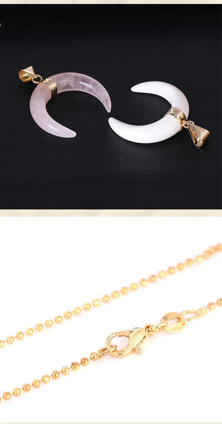 Natural stone moon pendant necklace with electroplated copper chain, adjustable 21-50cm length, pink or purple crystal option