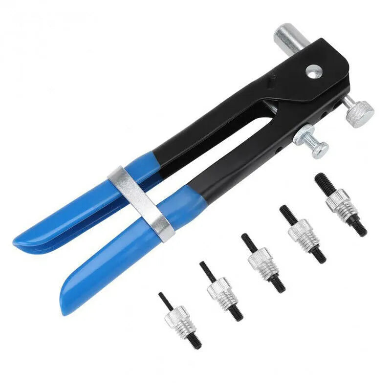 Manual riveter nut gun set with alloy steel construction, shown with rivet nuts, available as 86pc or 106pc kit.