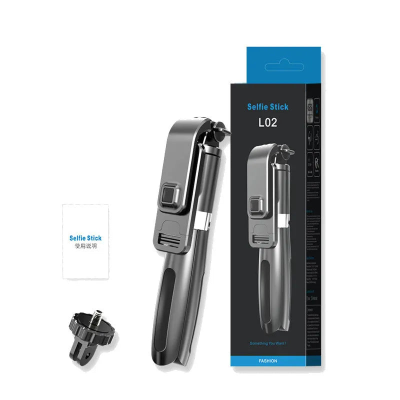 Black Bluetooth selfie stick with wireless remote, extended next to its tripod base.