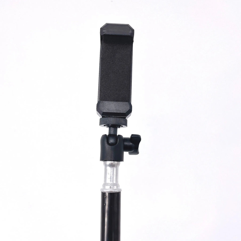 Black retractable mobile phone tripod with 1.1m, 1.6m, and 2.1m heights, metal ABS nylon build, 7kg load.