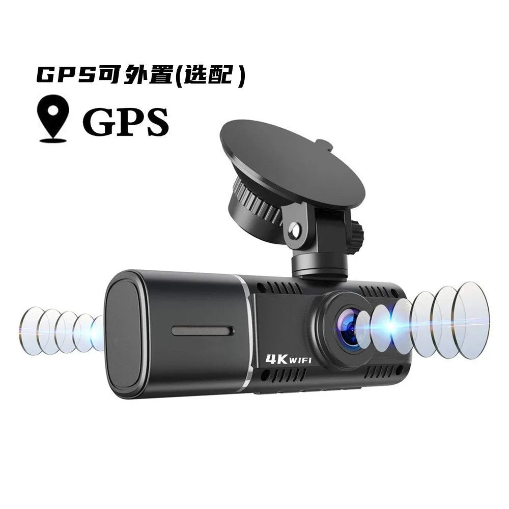 Standard black car dash cam with 1.5-inch screen, mounted on a stand, showing front camera lens