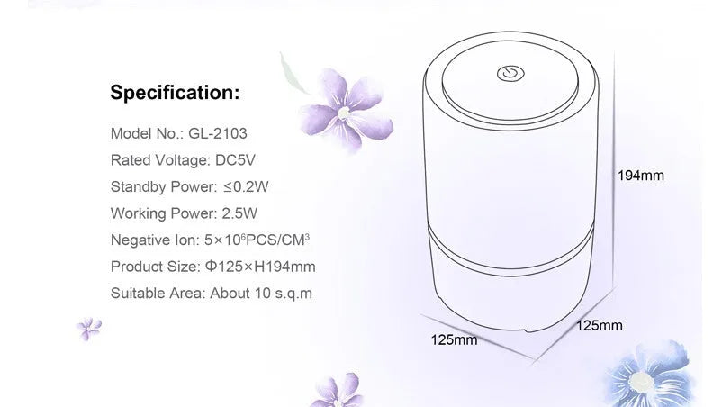 White USB desktop air freshener, Φ125 x H194mm, with 1.5m USB cable and 5 million anion concentration