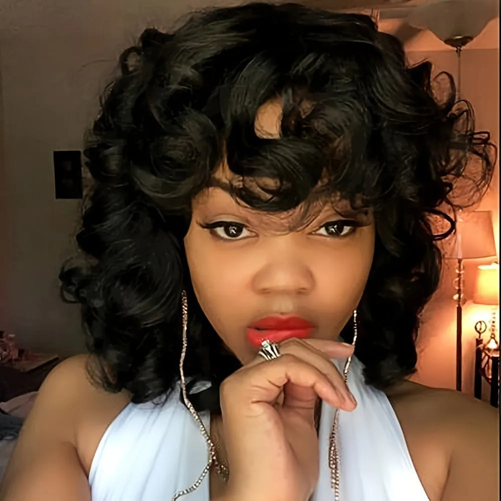 Black synthetic Afro wig with long curly hair in exotic European American style