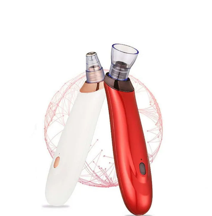 Electric blackhead remover device with five nozzle attachments in black, gold, red, or white colour options.