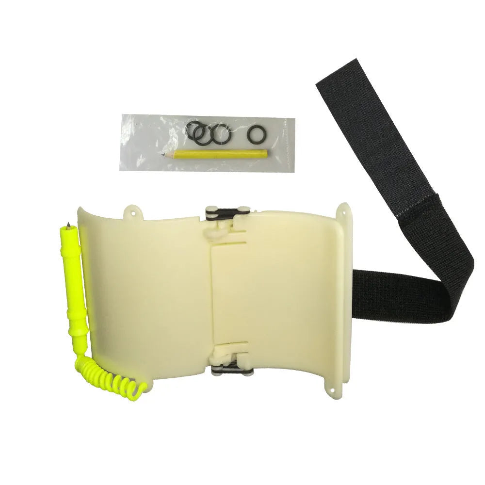White luminous ABS diving wristboard with pencil and spare O-ring for underwater writing.