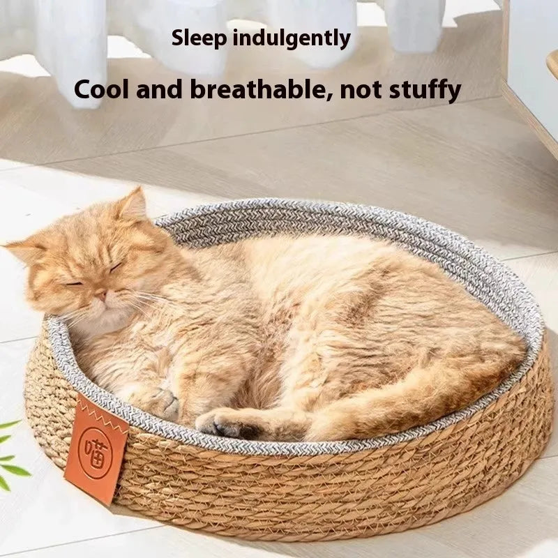 Rattan woven cat bed for pets showing breathable construction with natural material texture