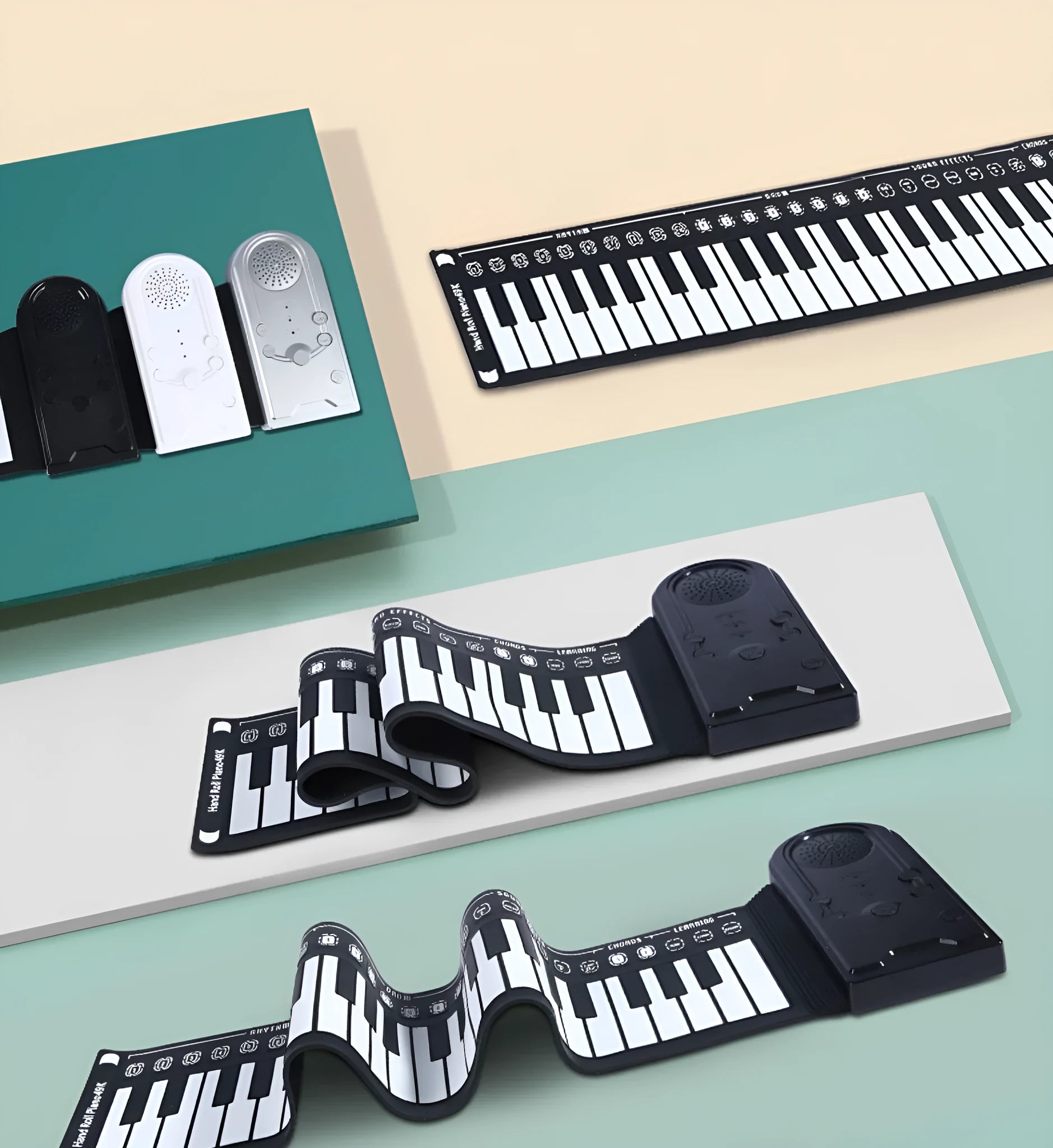Portable folding 49-key electronic keyboard shown in Pearl White colour with folded compact size