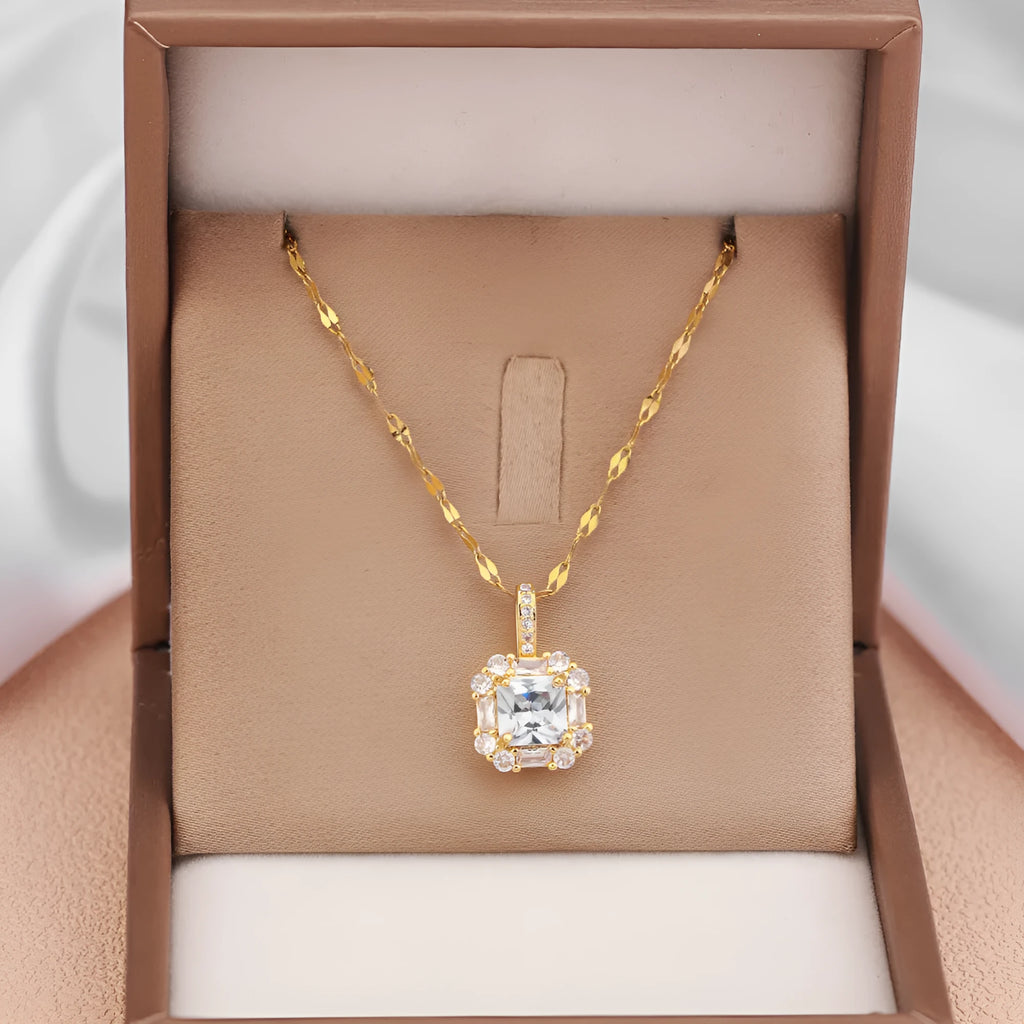 Gold titanium steel necklace with geometric quadrilateral pendant featuring mixed gemstone inlay on water wave chain