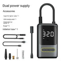 Wireless digital display car tyre inflator with LED light and multiple nozzles on black background