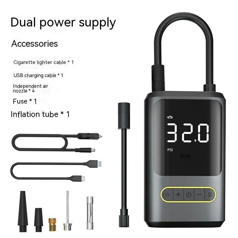 Wireless digital display car tyre inflator with LED light and multiple nozzles on black background