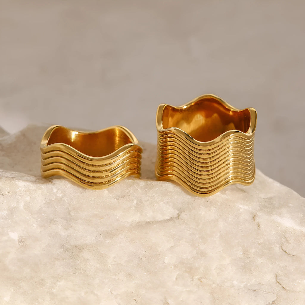 Stainless steel geometric wave pattern ring with wide surface and electroplated finish