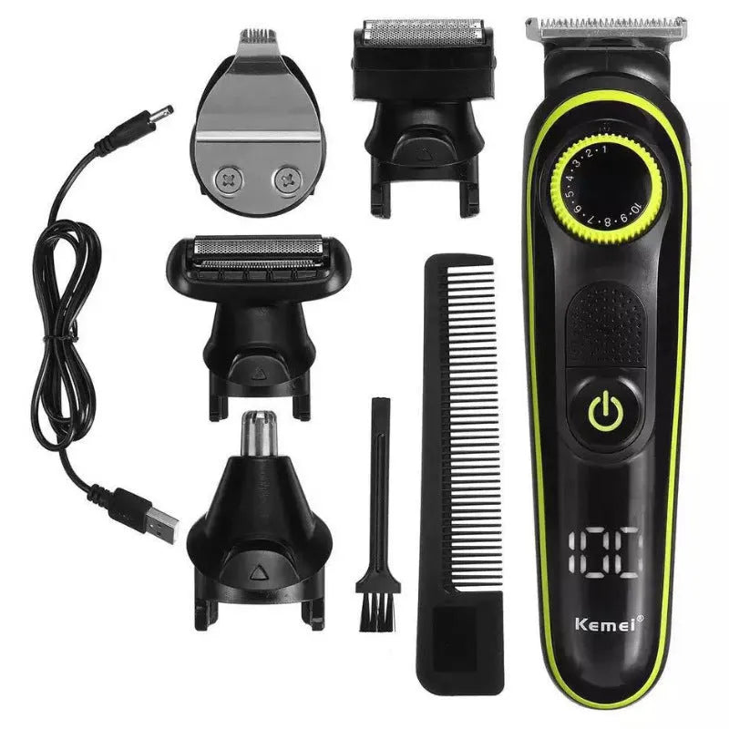 Black KM-696 rechargeable electric hair clipper kit with stainless steel blades on a stand
