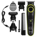 Black KM-696 rechargeable electric hair clipper kit with stainless steel blades on a stand