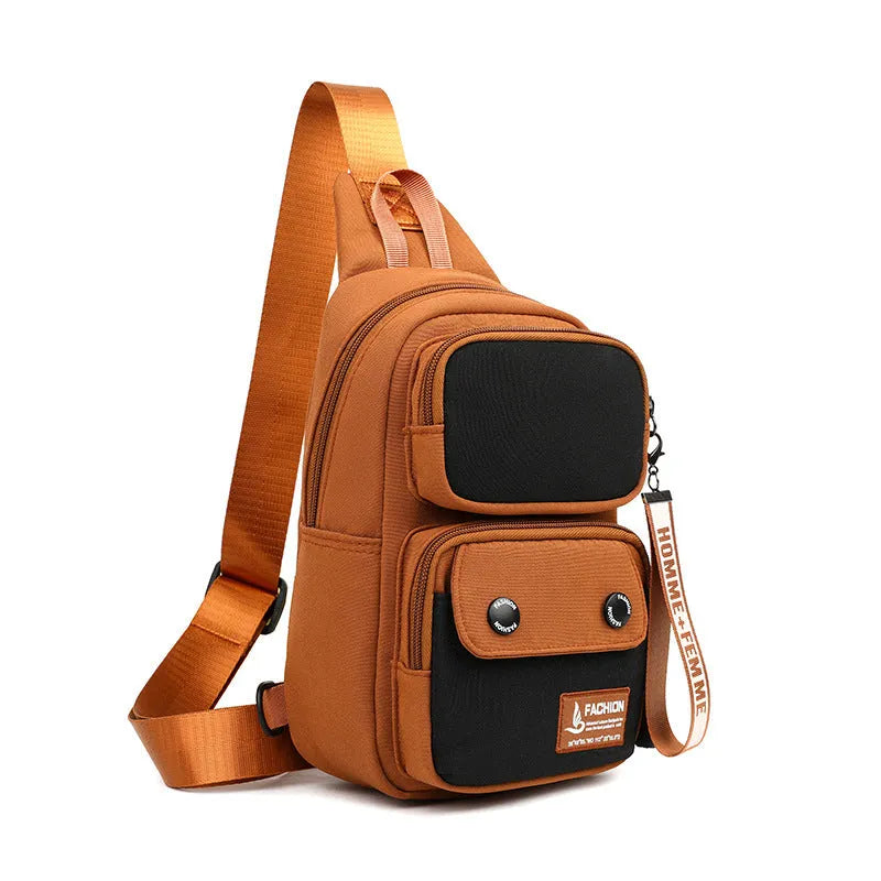 Outdoor leisure crossbody shoulder bag with contrasting colour trim and multifunctional storage pockets